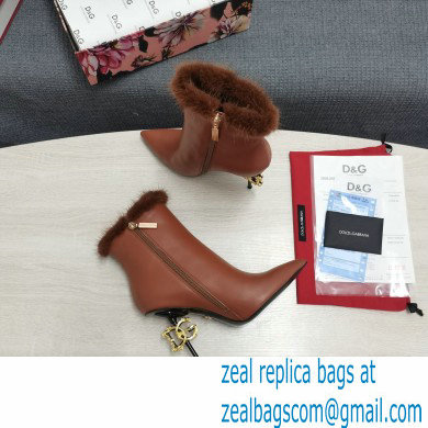 Dolce  &  Gabbana Mink Fur Thin Heel 10.5cm Leather Ankle Boots Brown with Baroque DG Heel 2021